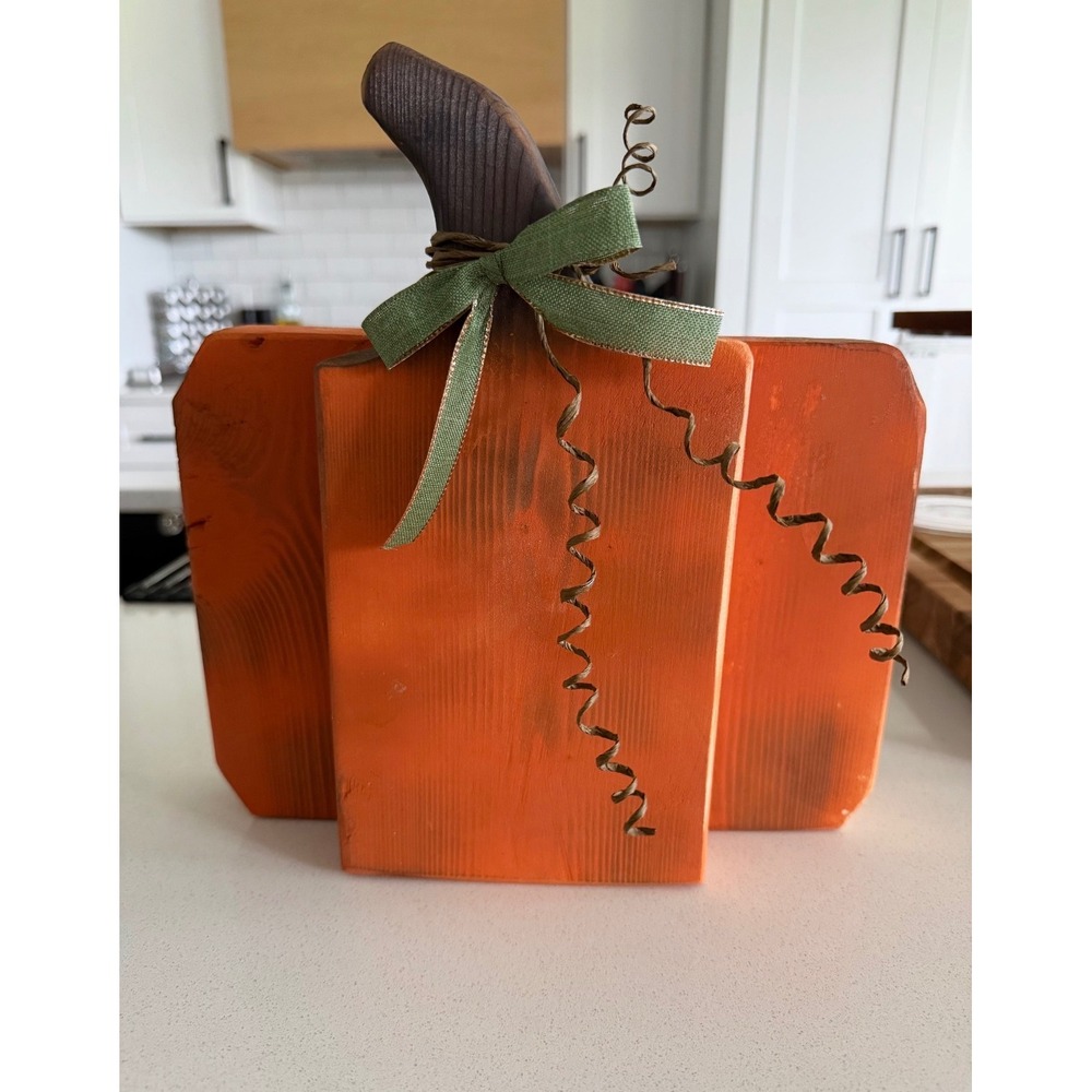 Rustic Wooden Pumpkin Trio Centerpiece Fall Harvest Decor Orange 11 Inch
